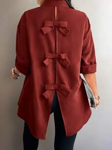 Celure 大码休闲纯色纽扣衬衫，配蝴蝶结装饰和后开衩，秋季 - 酒紅色 - 查看 5