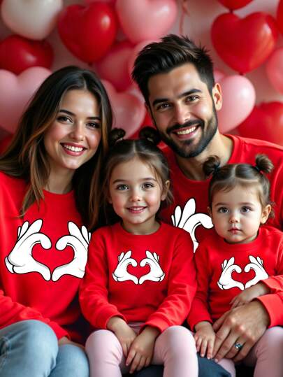 女士时尚休闲爱心手势印花抓绒圆领套头卫衣，适合秋冬季节（父女装，4 件套单独出售）