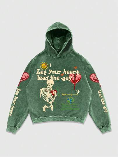 Street Life Men's Casual Snowflake Letter & Skull Print Hoodie Sweatshirt