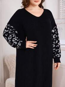 Mulvari Plus Size Women Leopard Print Sleeve Round Neck Casual Dress, For Winter - Black - View 3