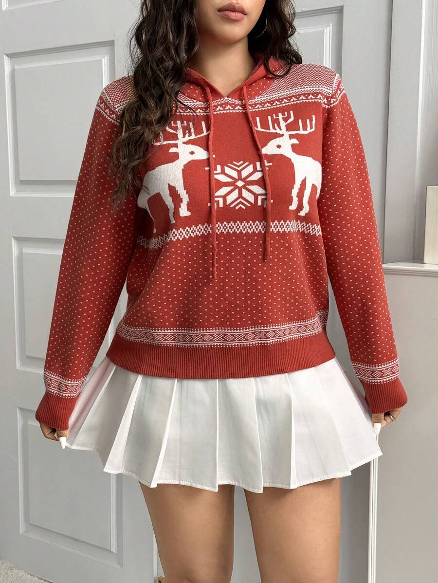 SHEIN EZwear 大码女式圣诞麋鹿和雪花图案连帽毛衣,适合冬季 - 紅白色 - 查看 1