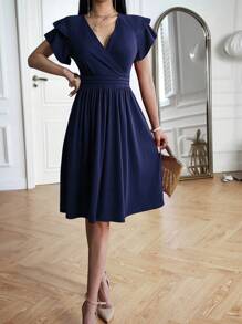 EMERY ROSE Vestido elegante de unicolor con cuello cruzado en V, mangas raglán y cintura para mujer de longitud media - Azul Marino - Ver 7