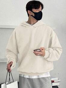 男士纯色休闲套头连帽衫，秋冬 - 白色 - 查看 4