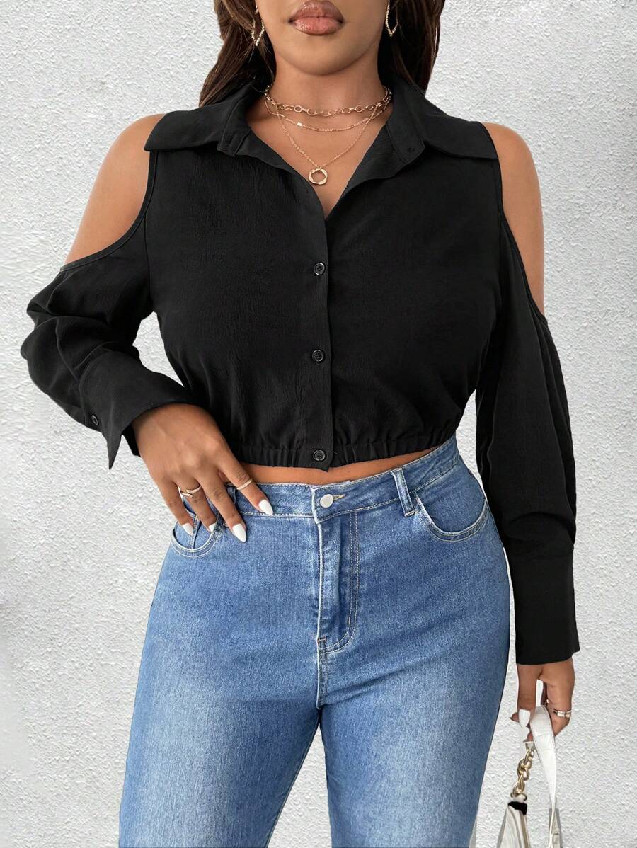 Maweii Camisa corta de manga larga con hombro hueco, diseño ceñido y unicolor para mujer talla grande - Negro - Ver 1