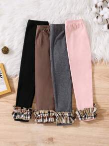 SHEIN 4pcs Set Young Girl Solid Knitted Plaid Patchwork Casual Leggings