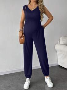 SHEIN 孕妇纯色 V 领无袖褶皱简约休闲连体裤 - 藏蓝色 - 查看 5