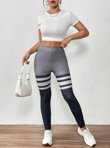 Chiquease Elastic Fitted Leggings, Tight Leggings, Gym Pants, Grey Striped Elastic Waist Fitted Leggings - Grey - View 6