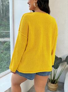 INAWLY 大码 V 领休闲纯色长袖套头毛衣，百搭，适合冬季 - 黃色 - 查看 3