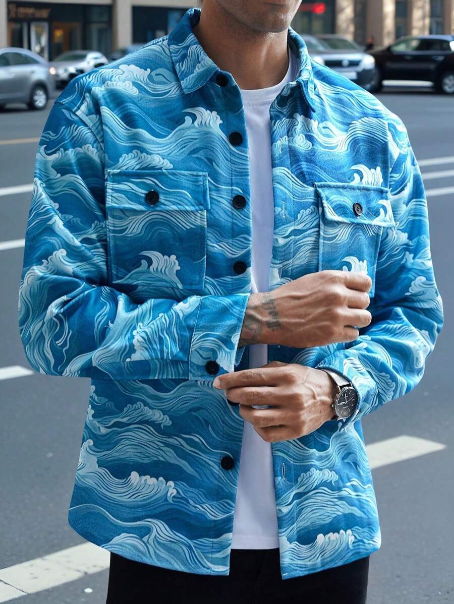 Manfinity Homme Áo sơ mi nam tay dài in họa tiết toàn thân, cài nút phía trước, thường ngày, mùa thu - Nhiều màu - Xem 1