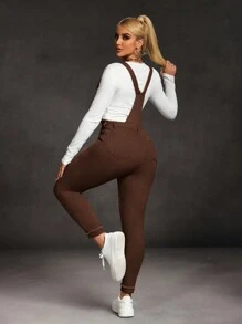 SHEIN SXY Women's Pocket Distressed Skinny Casual Versatile Denim Bib Overall Jumpsuit Mocha Mousse Outfitbrown Jumpsuit Womenbrown Bodysuitbrown Jumpsuit - Coffee Brown - View 3