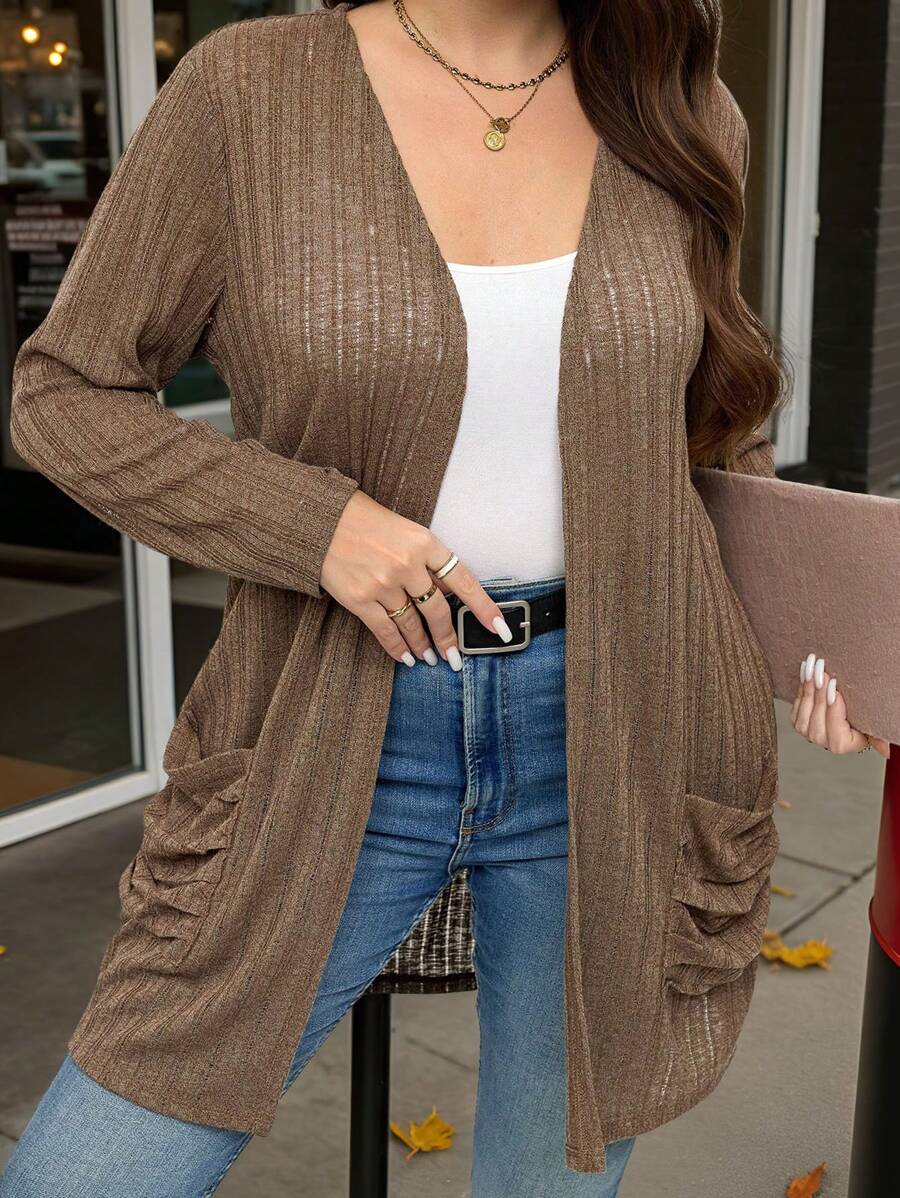 SHEIN LUNE Plus Size Solid Color Long Sleeve Cardigan With Pockets, Minimalist Casual Outerwear Plus Size Fall Clothes - Coffee Brown - View 1