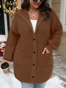 SHEIN LUNE Plus Size Women Solid Color Drop Shoulder Long Sleeve Pocket Casual Hoodie Cardigan, Autumn/Winter - Coffee Brown - View 5