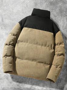 Manfinity Hypemode Herren Kontrast-Farbige Buchstaben-Muster Stehkragen Wattierte Jacke, Cord - Armeegrün - Übersicht 2