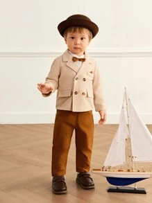 Souflis Souflis 2pcs Baby Boys Khaki Lapel Double-Breasted Wool Blend Jacket And Brown Trousers Gentleman Suit Set With Bow Tie , Suitable For Autumn/Winter Occasions Like Outing, Party, Christmas, Daily Wear, Adorable & Comfortable Little Gentleman Outfit