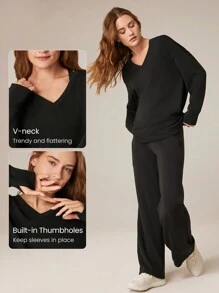 GLOWMODE Modal Silky Smooth Oversized V-Neck Hip Length Long Sleeve Sweatshirt With Thumbholes Daily Casual  Spring Summer - Black - View 3