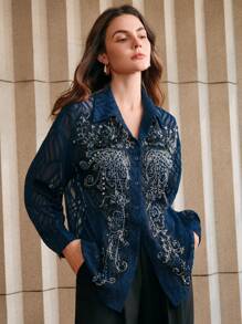 Anewsta 复古法式优雅花卉 3D 串珠镂空长袖提花休闲 T 恤女式衬衫 - 藏蓝色 - 查看 6