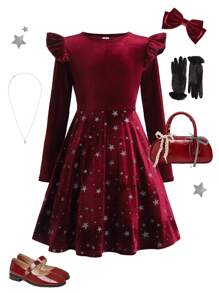 SHEIN Leap Crew Tween Girl Vintage & Cute & Fashion & Elegant Contrast Bling Bling Glitter Star Print Velvet Ruffle Hem Long Sleeve Dress,, Suitable For Christmas - Burgundy - View 2