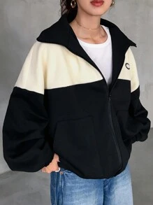 FRIFUL 女士秋冬字母图案撞色拉链前开襟夹克女式外套 - 黑色 - 查看 1