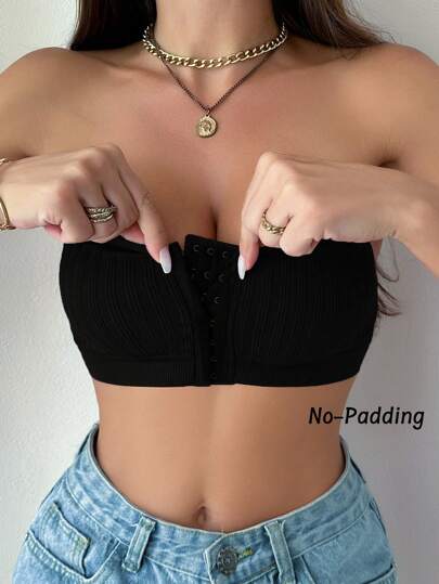 女士无缝一体式纯色前扣罗纹胸罩，黑色