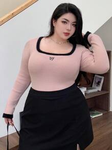 Dazy Plus Áo len chui đầu cổ tròn thêu nơ khối màu cỡ lớn, dành cho mùa đông, mùa thu dành cho phụ nữ - Hồng - Xem 6