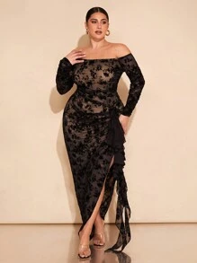 SHEIN BAE Plus Size Women Black Flocked Mesh Off-Shoulder Gathering Ruffled Edge Romantic Flowy Elegant Party Maxi Bodycon Dress