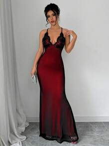 Elenzga V-Neck Contrast Lace Backless Criss-Cross Strap Fishnet Mermaid Hem Bodycon Slip Dress For Women Maxi Women Outfit