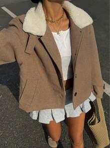 SHEIN Essnce 卡其色蓬松拼接立领短款长袖夹克女秋冬外套 - 棕色 - 查看 7