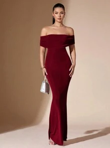SHEIN BAE 女士纯色露肩性感透明优雅美人鱼露背修身毕业礼服 - 酒紅色 - 查看 3