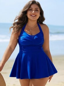 Swim Lushoire Conjunto de tankini de talla grande para mujer con cuello halter y unicolor para el verano - Negro - Ver 4