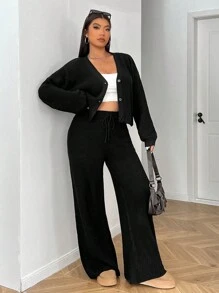 SHEIN EZwear Áo len cardigan dài tay một hàng khuy màu trơn cỡ lớn cho nữ và quần dài dệt kim thường ngày, Thu/Đông - màu đen - Xem 3
