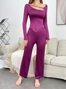 SHEIN Bộ đồ ngủ dài tay cổ khoét lỗ hở bèo nhún cho nữ kèm quần dài thoải mái, trang phục thu đông - Màu tím - Xem 4
