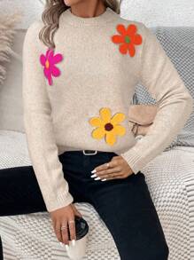 SHEIN LUNE Winter Sweater Holiday Women Outfits,3D Flower Decor V-Neck Casual Loose Fit Pullover Sweater