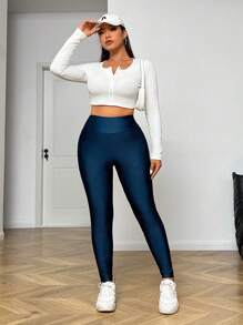 SHEIN EZwear 大码女式高腰纯色休闲紧身裤 - 藍色 - 查看 3