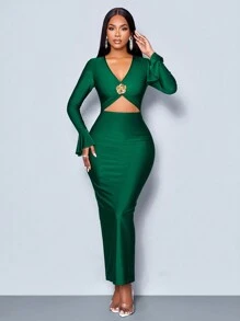 SOLERSUN Winter Clothes For Women Holiday Clothes Christmas New Years Green Color V Neck Openwork Cut Out Front Ruffle Long Sleeve Long Dress Maxi Women Outfit