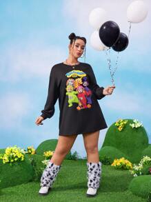 Teletubbies X SHEIN 大码休闲经典圆领落肩卡通印花黑色运动衫连衣裙 - 黑色 - 查看 6