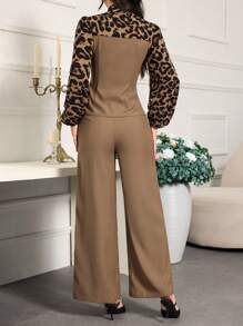 Modelyn Set de 2 piezas para mujer con top casual de manga larga con bolsillo y pantalón largo, diseño liso y parche con nudo delantero