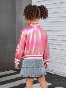 Young Girls Laser PU Jacket With Embroidered Graphic + Denim Pleated Skirt With Embroidered Graphic, Cool Matching 2-Piece Set - Pink - View 2