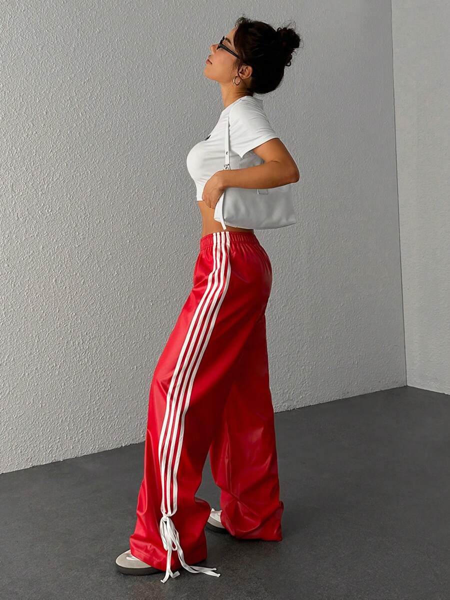 SHEIN EZwear Women's Side Stripe PU Leather Elastic Waist Wide Leg Pants