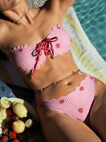 Swim Mod Vacation Beach Striped Strawberry Print Bikini Set Summer
