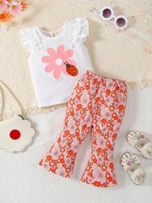 Set de 2 piezas de ropa casual y bonita para bebé niña con blusa de manga corta y pantalones con estampado floral
