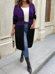Plus Size Solid Color Patchwork Long Sleeve Cardigan, Casual Everyday Wear, For Winter - Purple - View 4