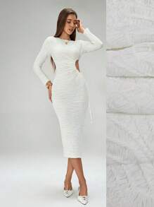 Chiquease Vestido de mujer de longitud media de unicolor, diseño hueco en la cintura, vestido ajustado y elegante maxivestido - Albaricoque - Ver 1