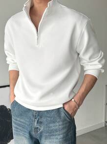 DAZY Men's Solid Zip-Up Half Placket Long Sleeve Loose Casual Sweatshirt Fall,Winter Quarter Zip Men - White - View 9