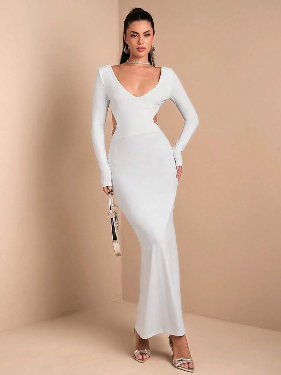SHEIN BAE Women's Solid V-Neck Backless Elegant Fishtail Long Sleeve Bodycon Dress - White - View 1