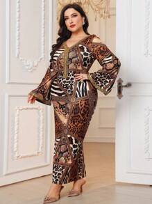 Al Najma Plus Size Women Leopard Print V-Neck Elegancka marszczona obcisła sukienka, Eleganckie dopasowane sukienki Jalabiya Maxi, Na wieczorne przyjęcie/wesele/rocznicę