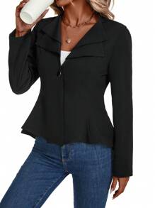 SHEIN Clasi 女士优雅双层领口收腰修身西装外套 - 黑色 - 查看 5