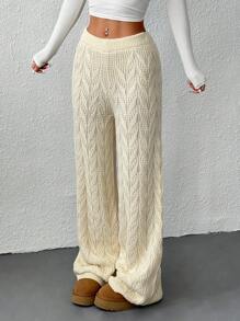 SHEIN EZwear 女款纯色直筒宽松休闲毛衣裤，秋冬 - 杏色 - 查看 6