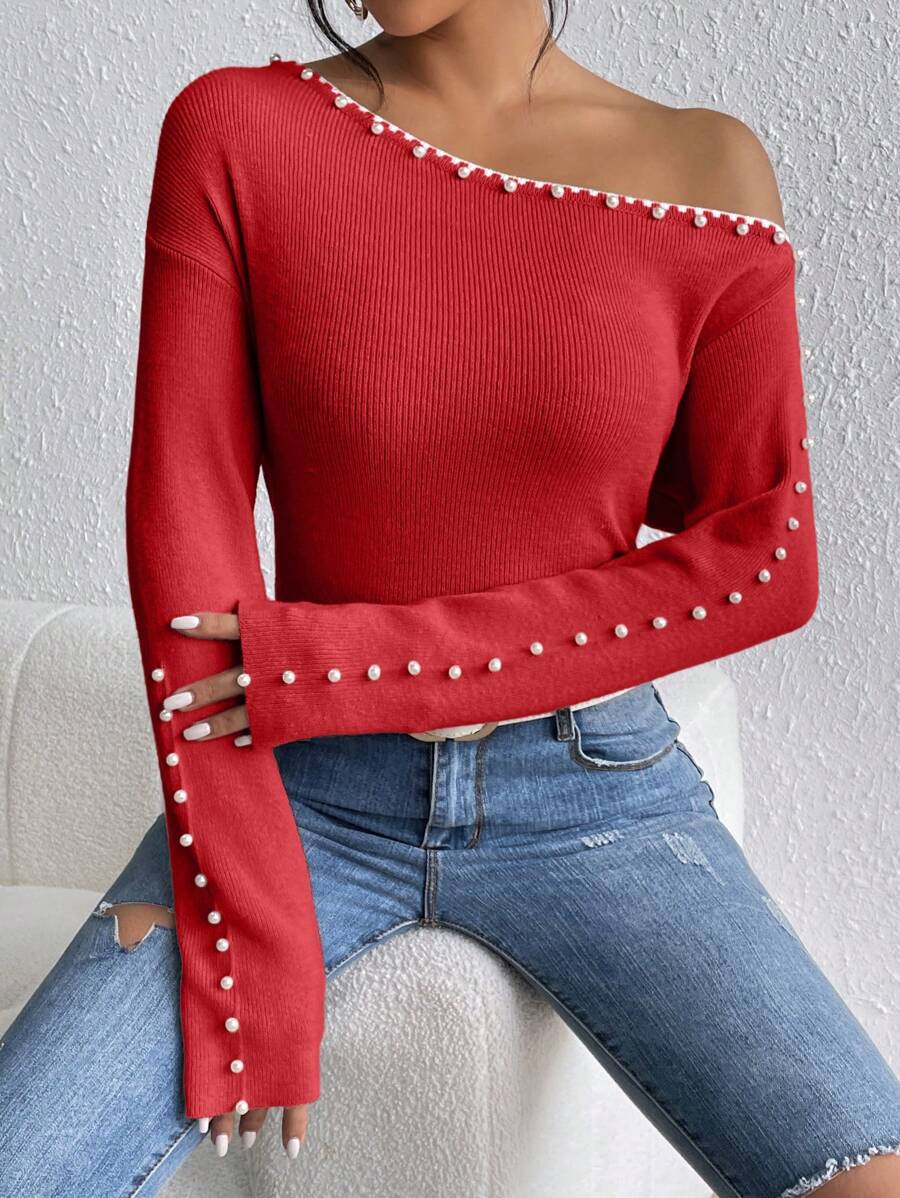 SHEIN Privé Solid Color Asymmetric Collar Studded Decor Casual Versatile Long Sleeve Pullover Sweater - Red - View 1