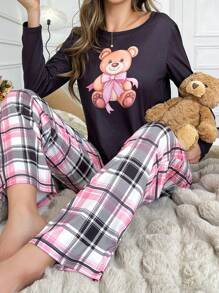 Bộ đồ ngủ dài tay họa tiết gấu trúc và nơ cho quý cô trẻ trung - Nhiều màu - Xem 3