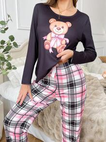 Bộ đồ ngủ dài tay họa tiết gấu trúc và nơ cho quý cô trẻ trung - Nhiều màu - Xem 6